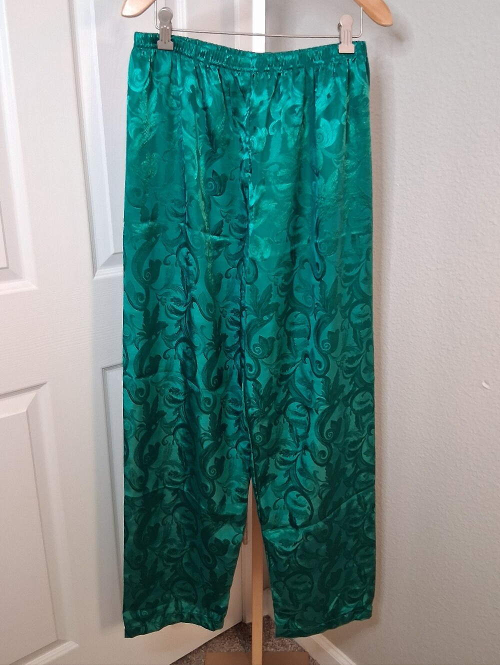 Vintage Green Satin Patterned Pajama Pants Medium 12-14